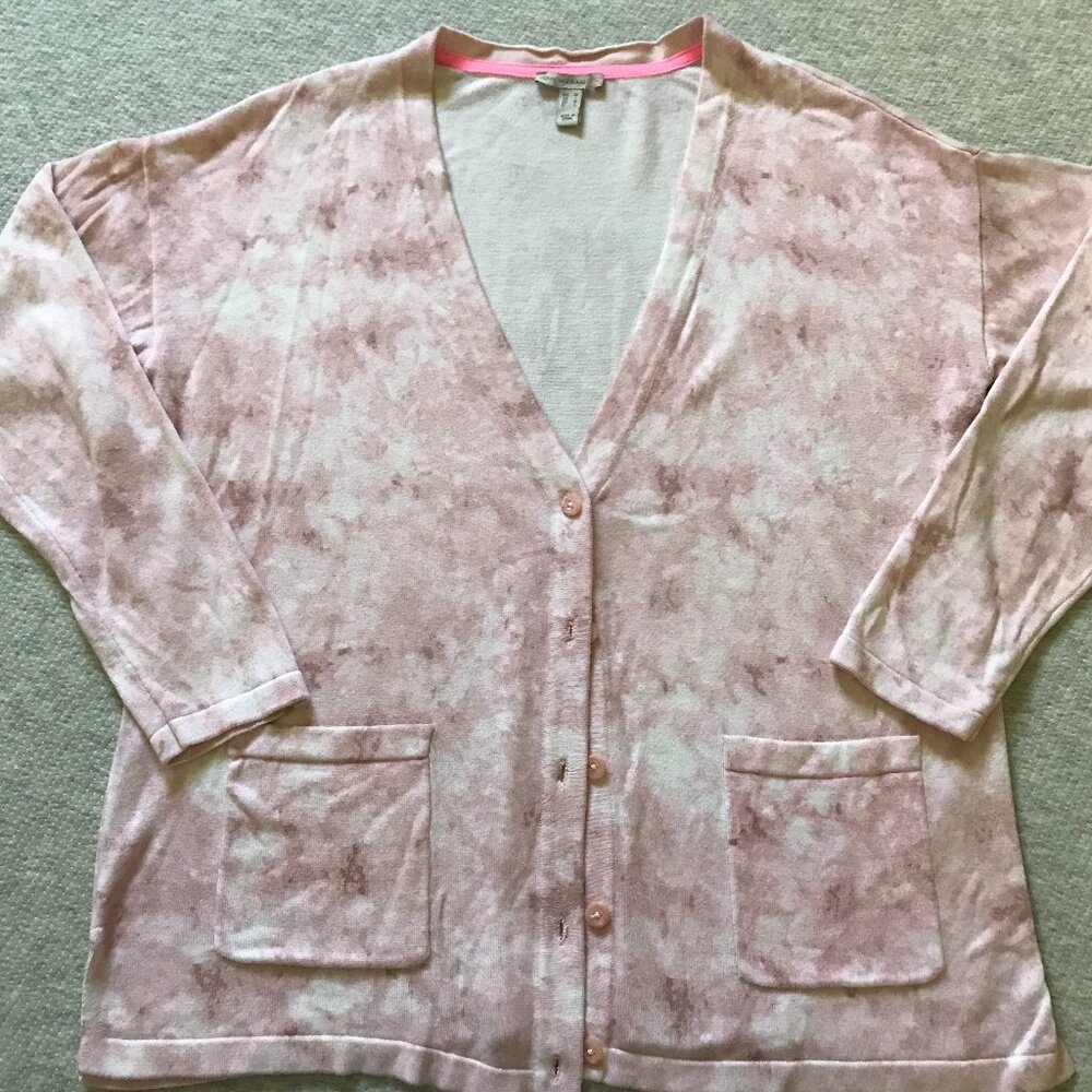 Isaac Mizrahi Live! Soho Marble Print Button Front V-neck Cardigan Pink Sz M